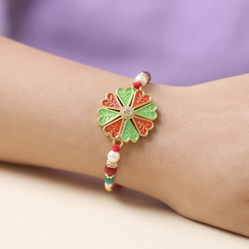 Traditional Rakhi – Bright Floral Centerpiece & Decorative Thread
