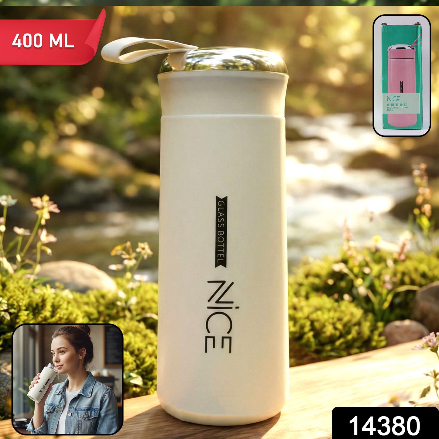 Leakproof lid on white glass water bottle