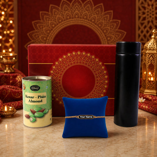 Customize Premium Gift Set with Bottle, Sweet Tin and Bracelet Rakhi