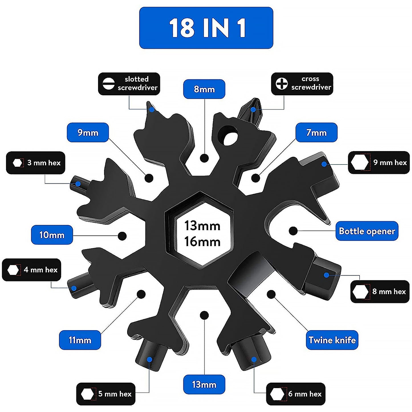 Durable 18-in-1 Snowflake Multi-Tool – Portable Bottle Opener, Phillips Screwdriver & Wrench Kit