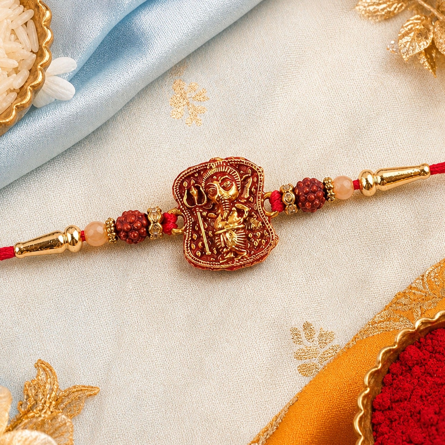 A red and gold Ganesha bracelet with rudraksha beads and golden caps, resting on a light blue and gold patterned cloth.
