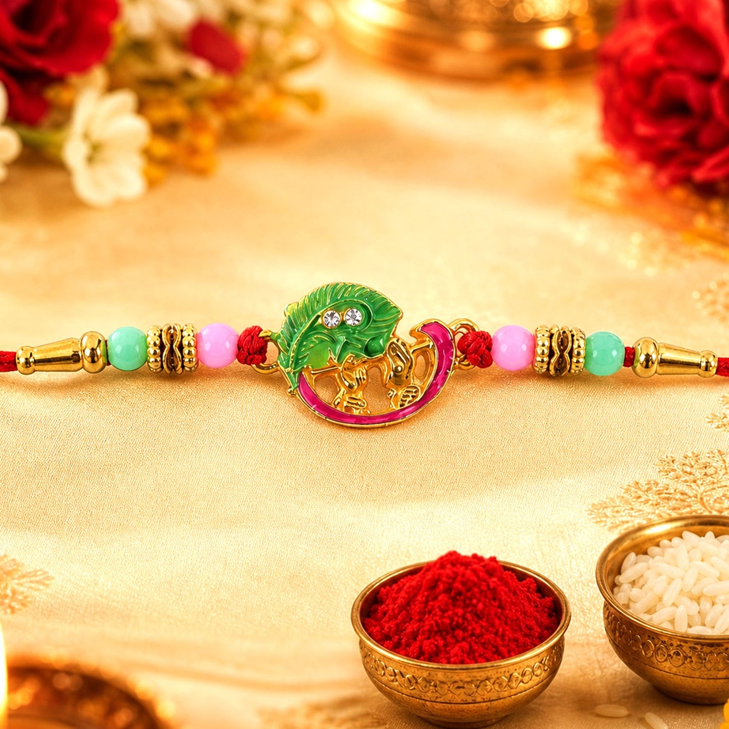 Mini Krishna Peacock Leaf Rakhi with elegant traditional design for Raksha Bandhan