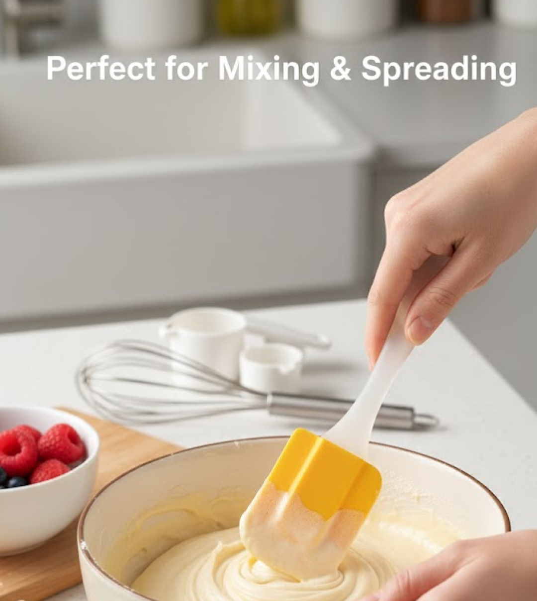 Silicone spatula being used for cake mixing