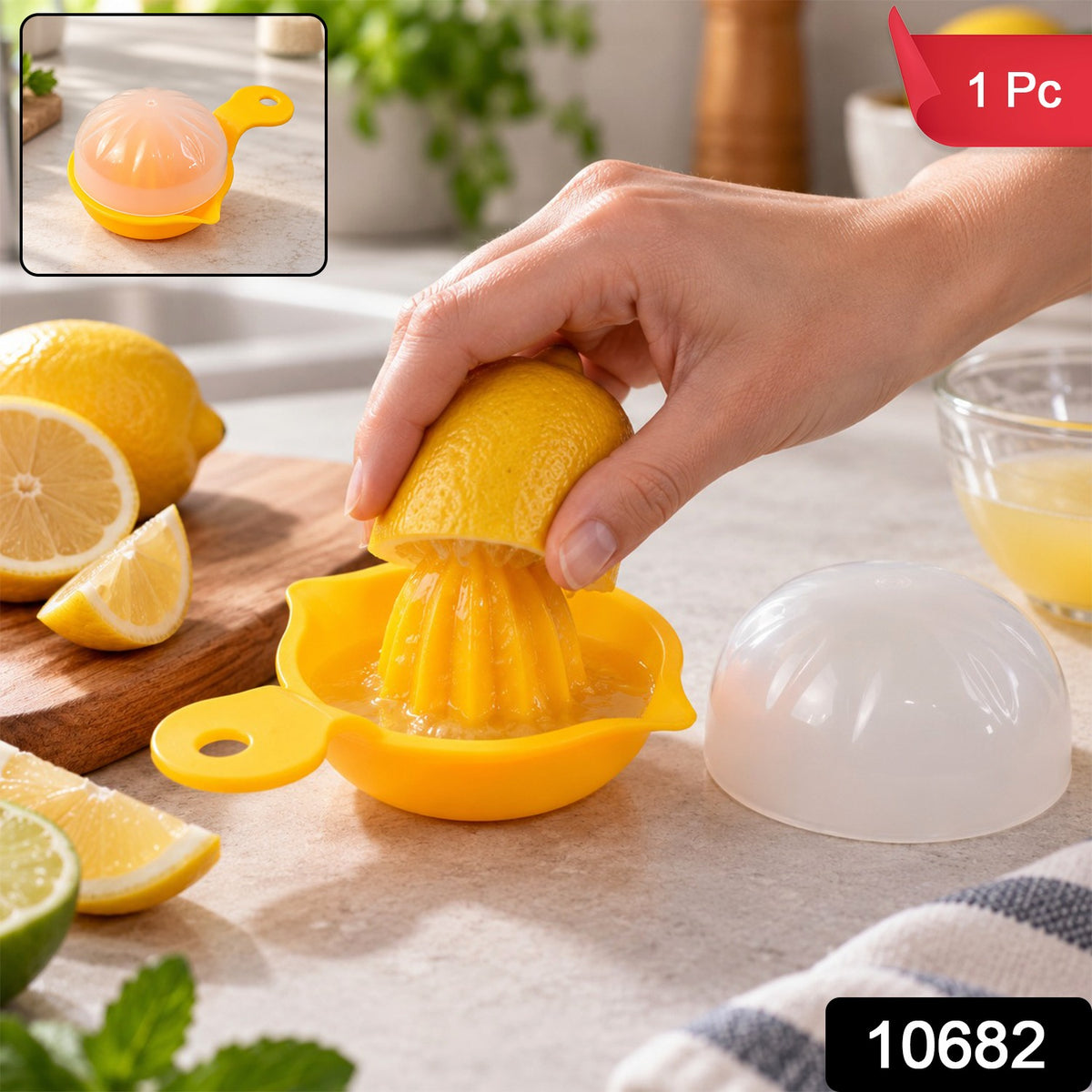 A person's hand presses a lemon half onto a yellow plastic juicer, with a white lid and a small bowl of juice visible.