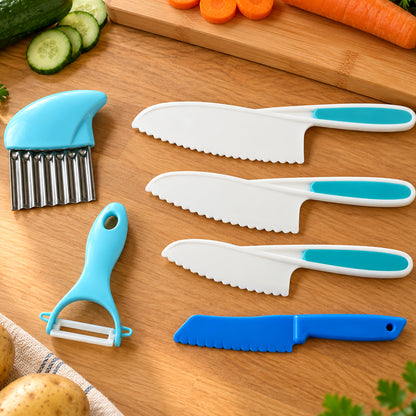 Kids Kitchen Set with Serrated Knives, Peeler and Crinkle Cutter (6 in 1)