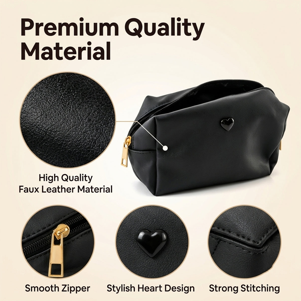 Black Faux Leather Zipper Makeup Pouch with Heart Detail (1 Pc)