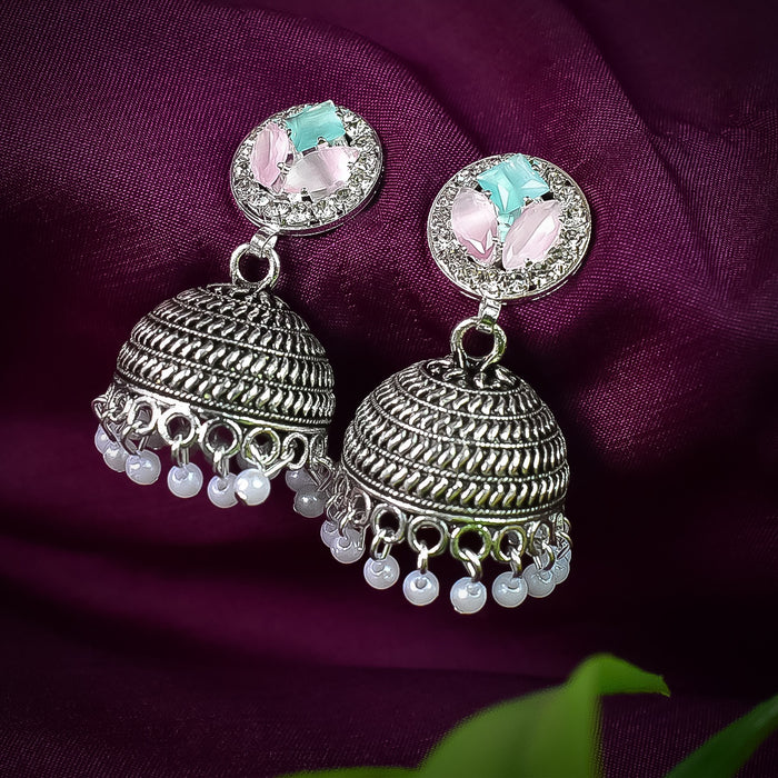 Pearl stud with blue & pink contemptory jhumka