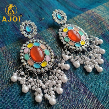 Oxidized Oval Earrings with Multicolor Stones & Pearl Tassel Drops
