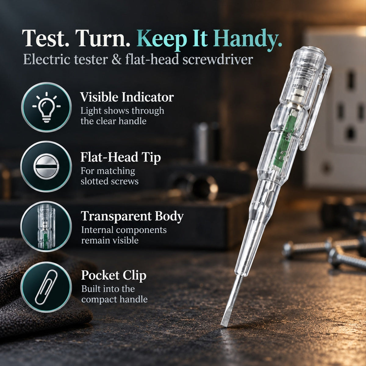 A transparent electrical tester screwdriver is highlighted with text describing its visible indicator, flat-head tip, and