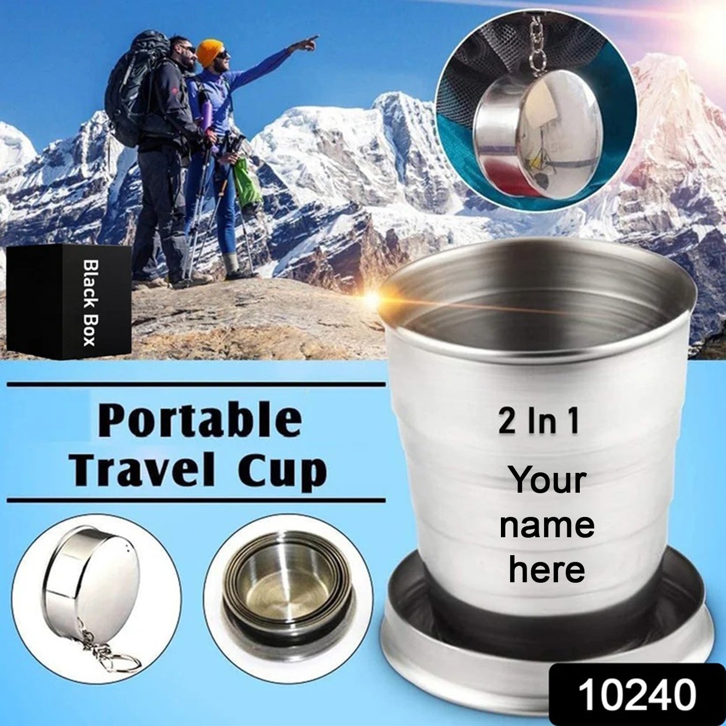 Customize 2-in-1 Stainless Steel Camping Folding Cup with Keychain