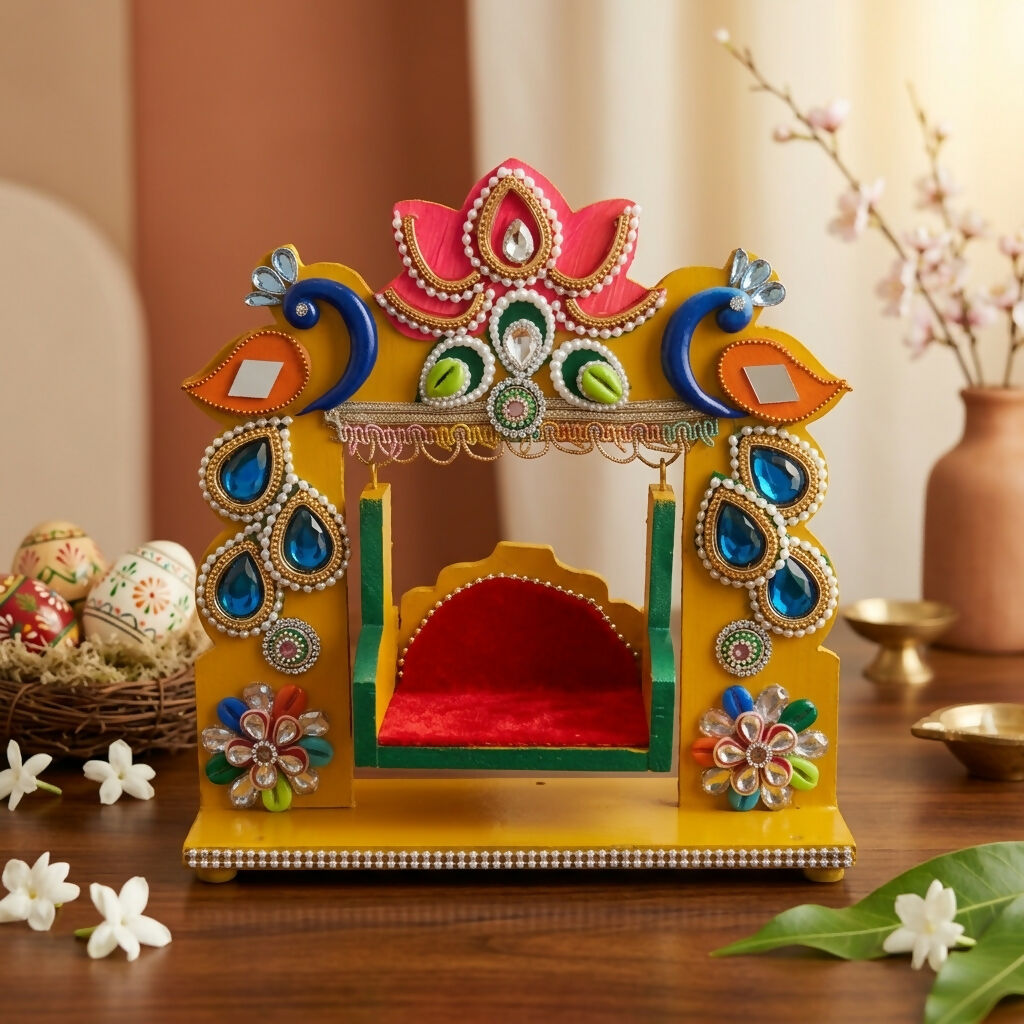 Plush red velvet seat on Laddu Gopal Jhula swing