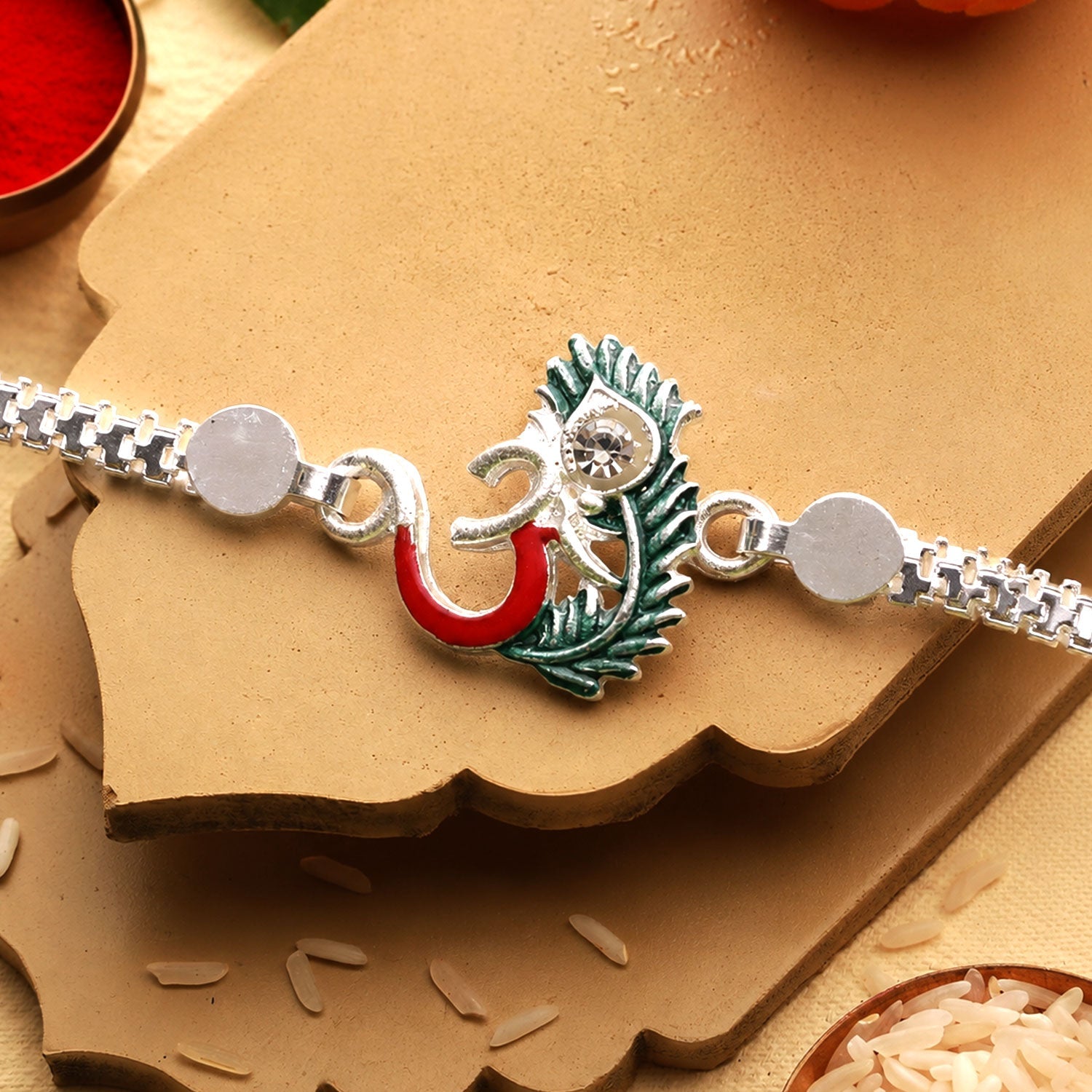 Om Charm Morpankh Silver Chain Crystal Diamond Rakhi for Brother (5pcs)