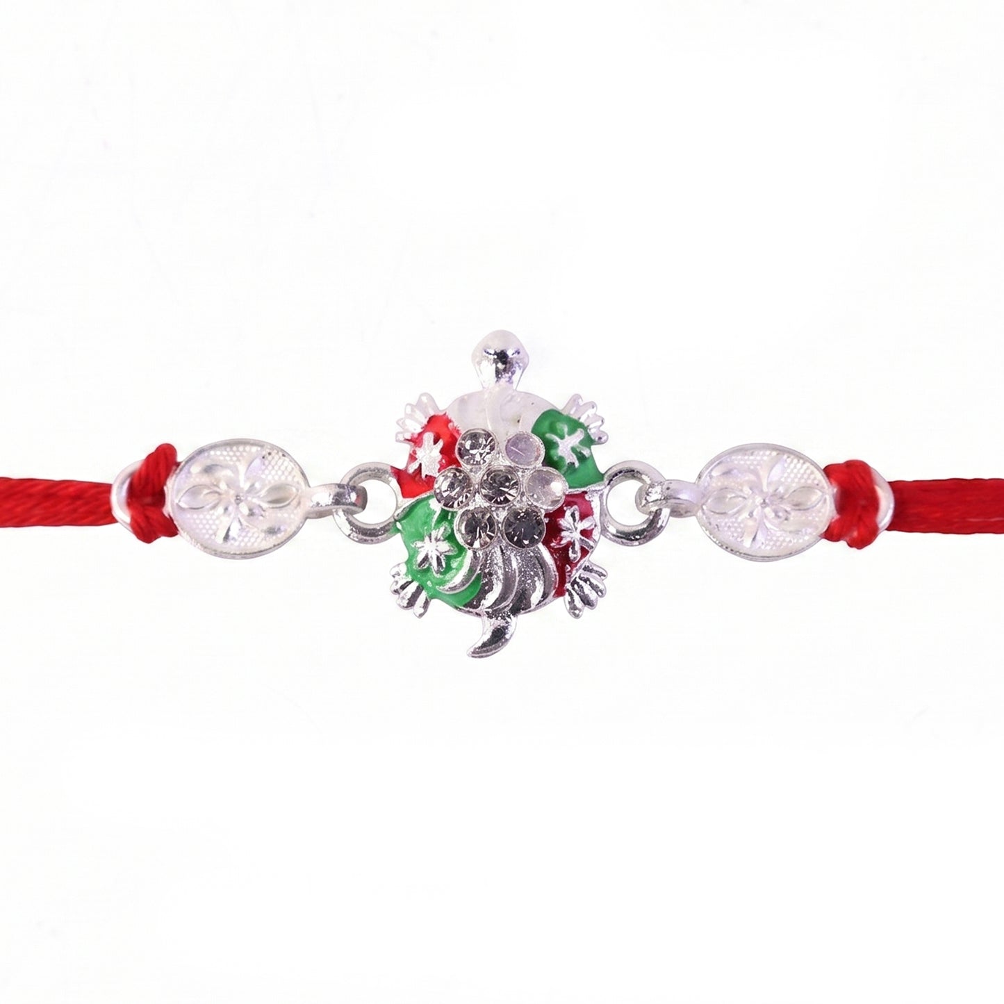 Turtle Rakhi with Red Thread and Crystal Embellishments