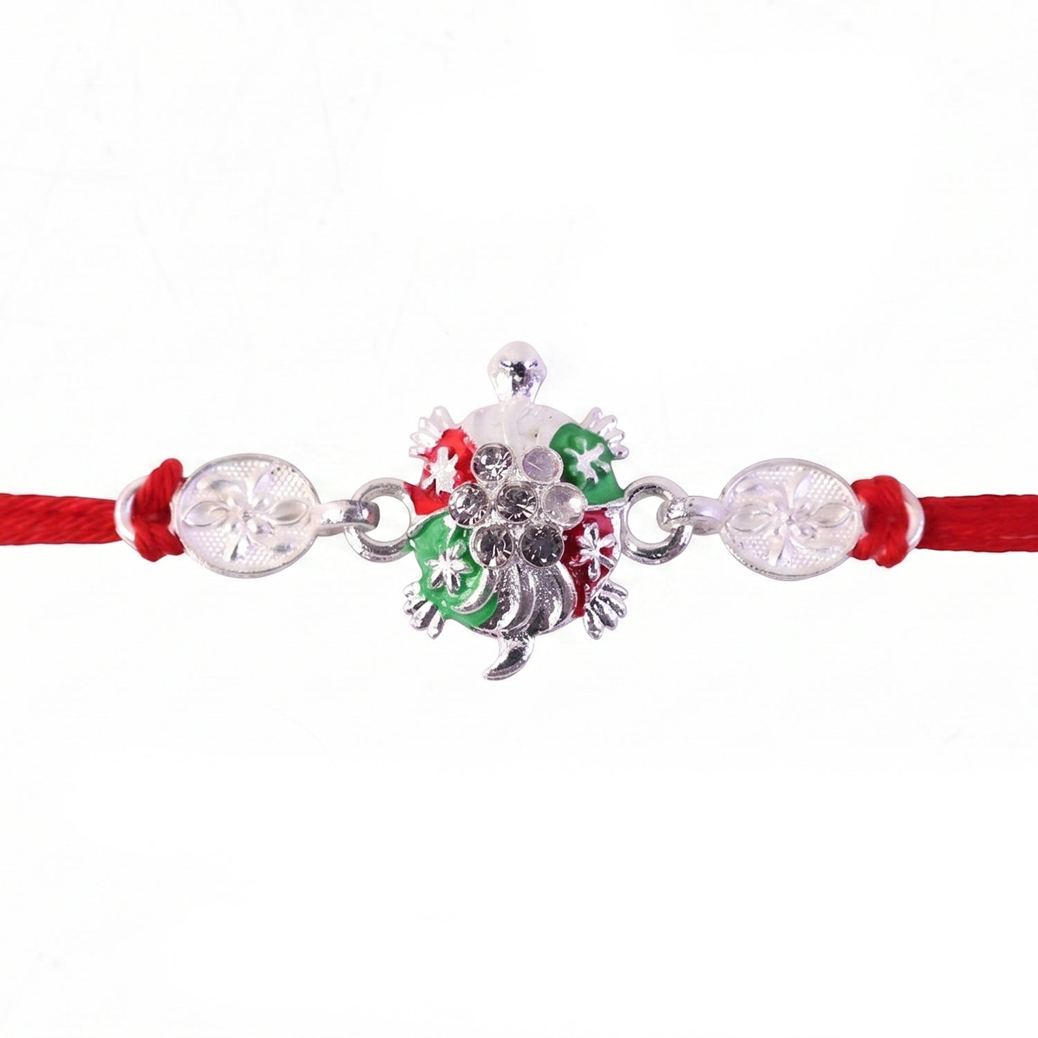 Turtle Rakhi with Red Thread and Crystal Embellishments