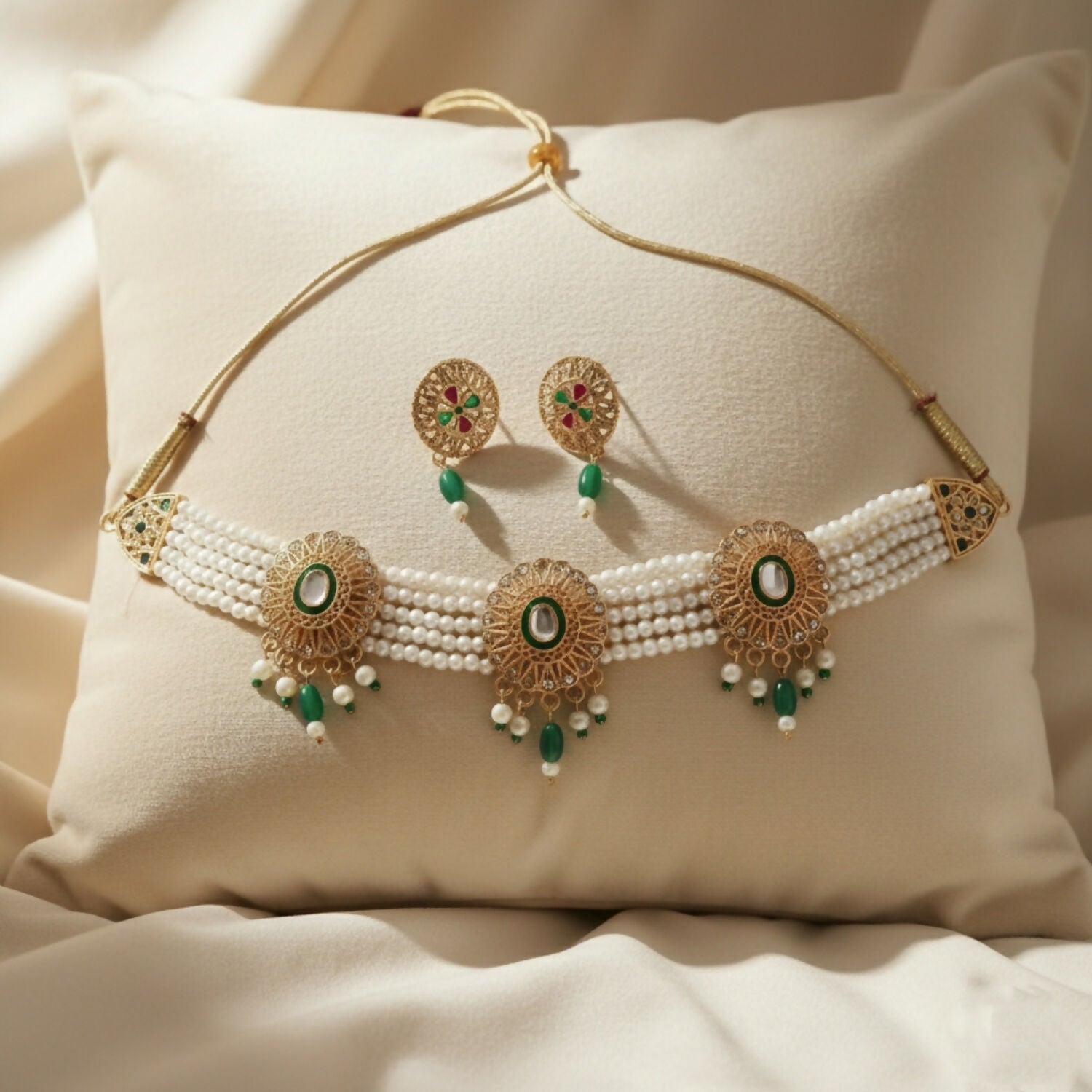 Traditional Gold-Plated Kundan Pearl Choker Necklace Set with Emerald Green Drops and Matching Earrings