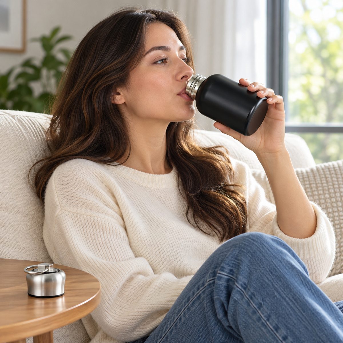 A woman wearing a cream sweater drinks from a black vacuum bottle, relaxing on a light-colored sofa.