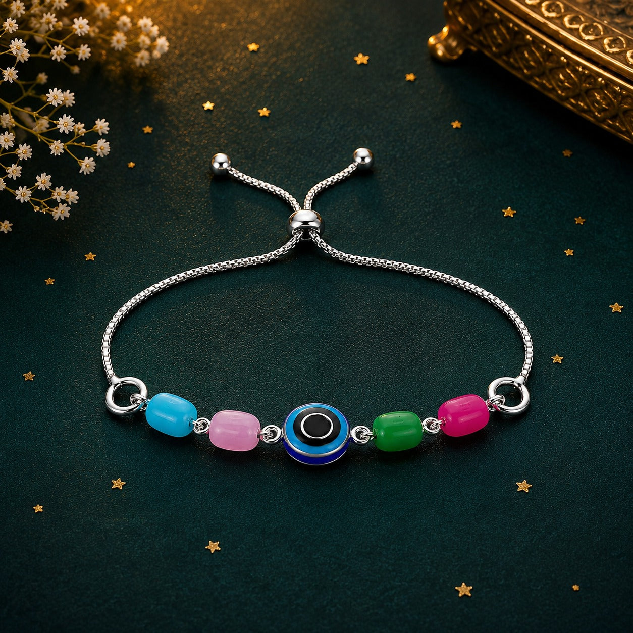 Silver Multi-Color Evil Eye Adjustable Bolo Bracelet with Pastel Enamel / Resin Beads