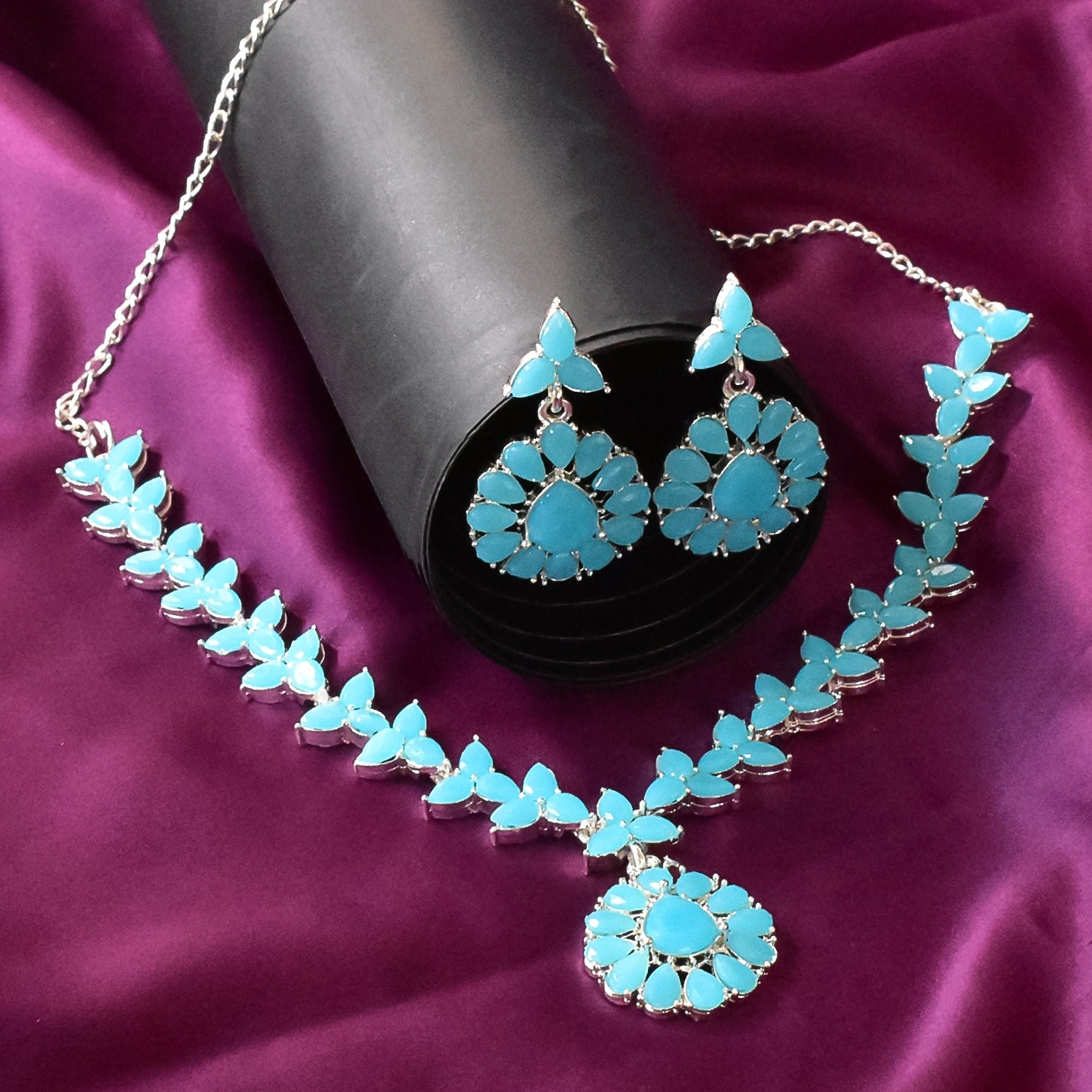 Sky Colour Diamond Necklace with Earring Set