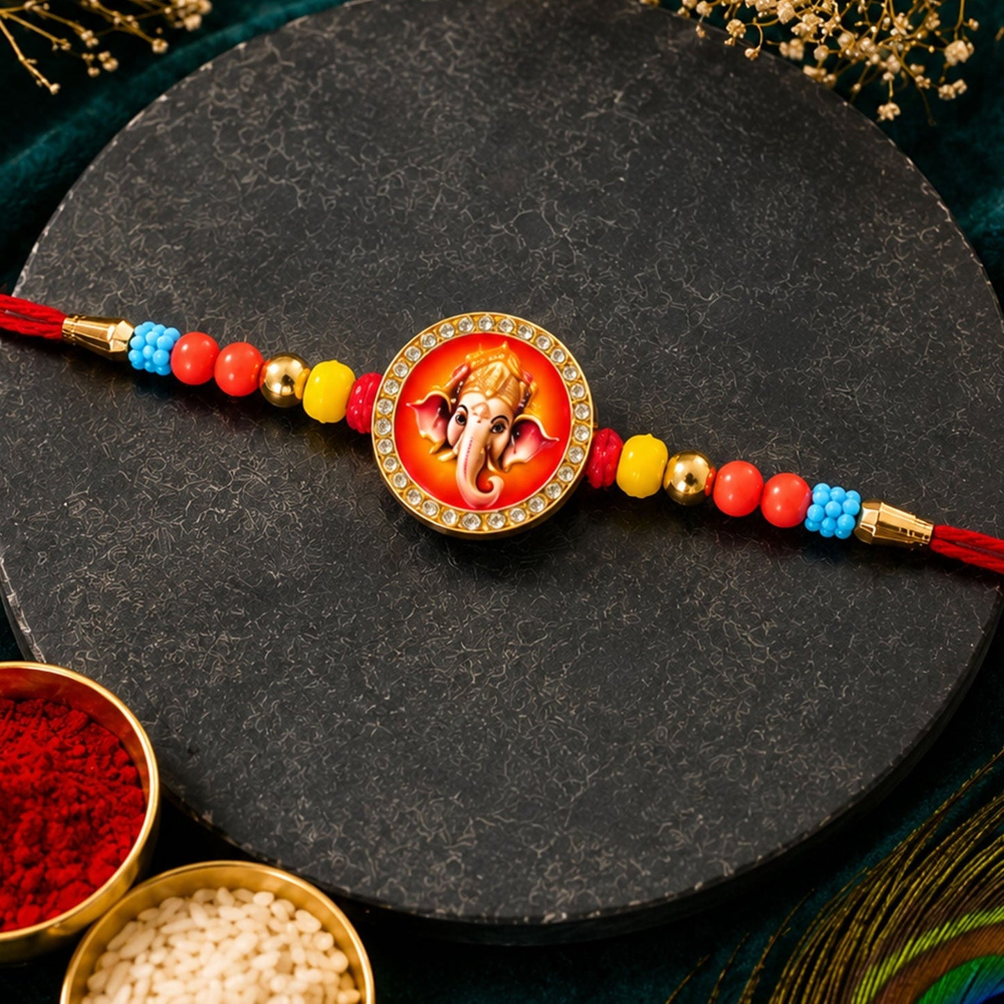 Ganesha Stone Studded Rakhi for Brother Festive Beaded Design (10pcs)