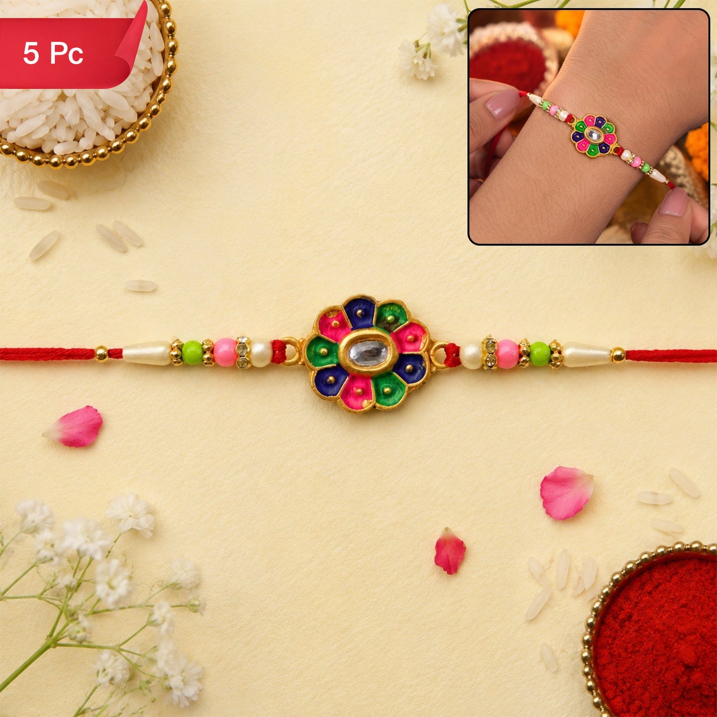Multicolor Floral Stone Rakhi Elegant Designer Wrist Wear (5pcs)