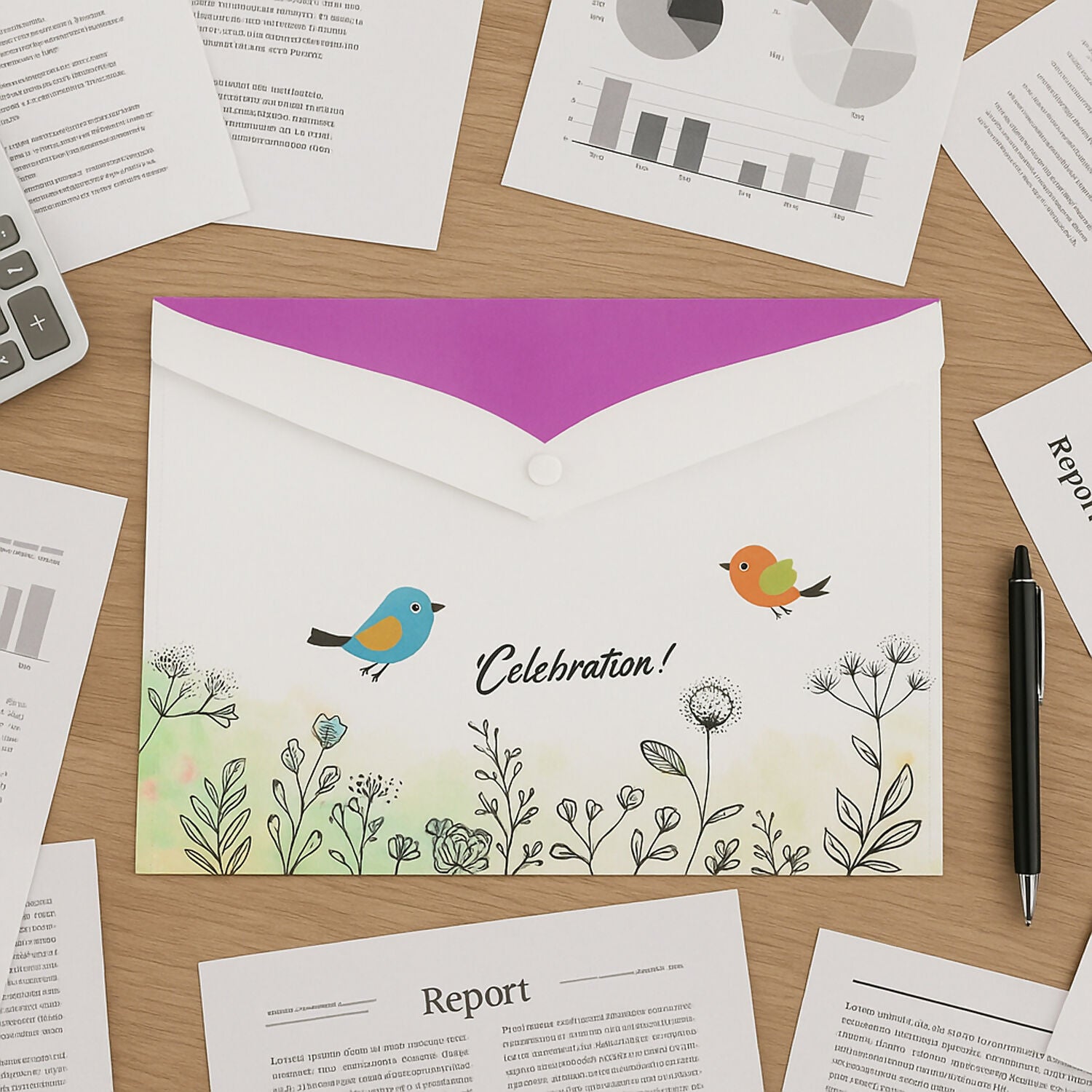 Mix Design Printed A4 Document Folder – Decorative Button Closure File with Bird & Floral Design (1 Pc)