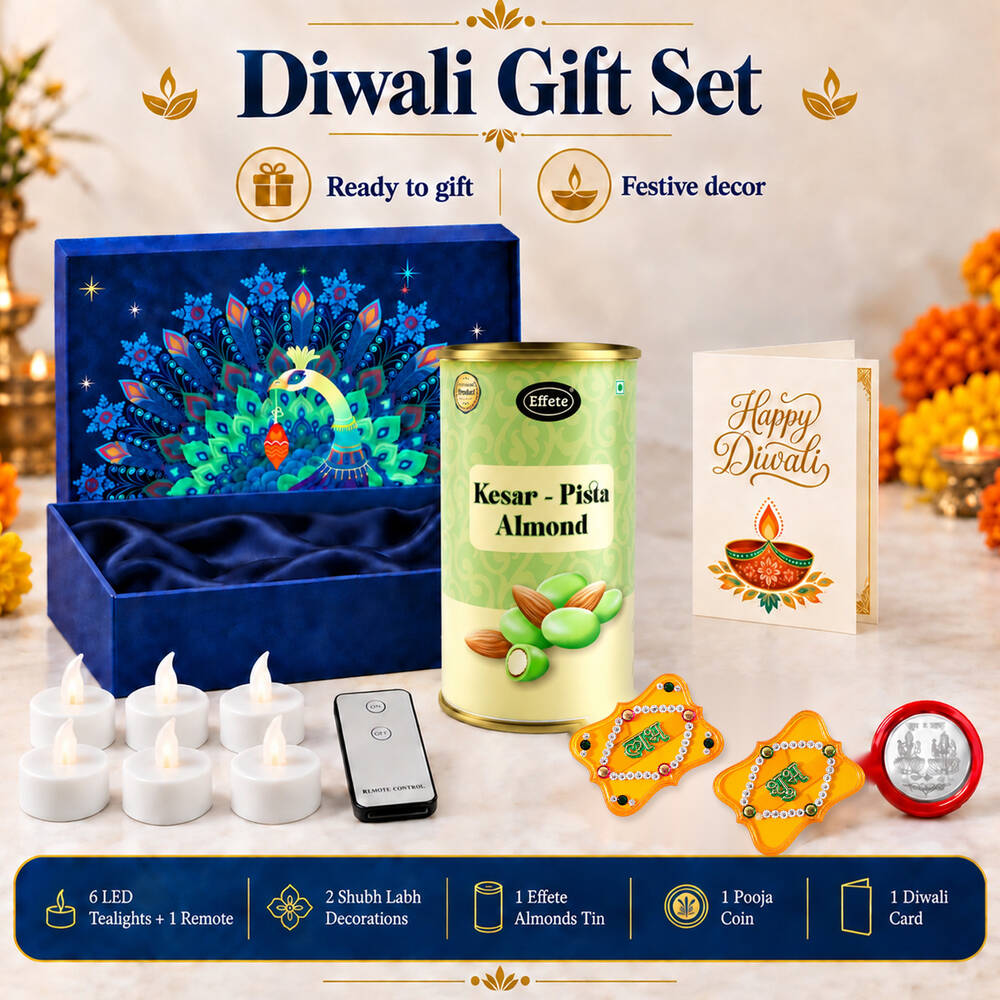 A Diwali gift set including a blue peacock box, an almond tin, a greeting card, six LED tealights, a remote, two Shubh-Labh