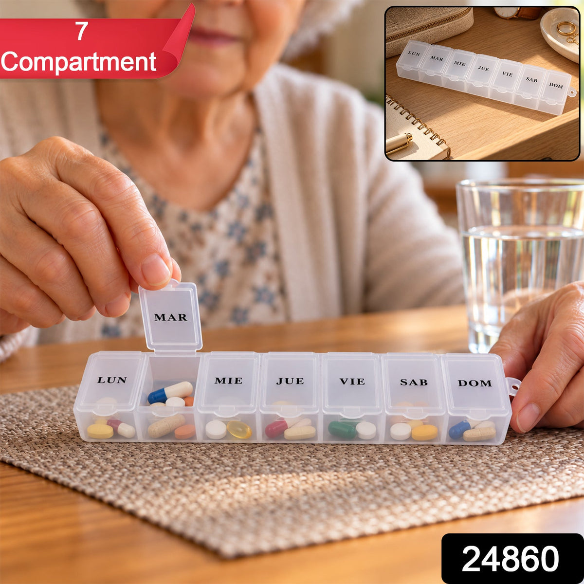 An elderly woman opens the Tuesday compartment of a clear pill box with colorful medication, with an inset image of the box.