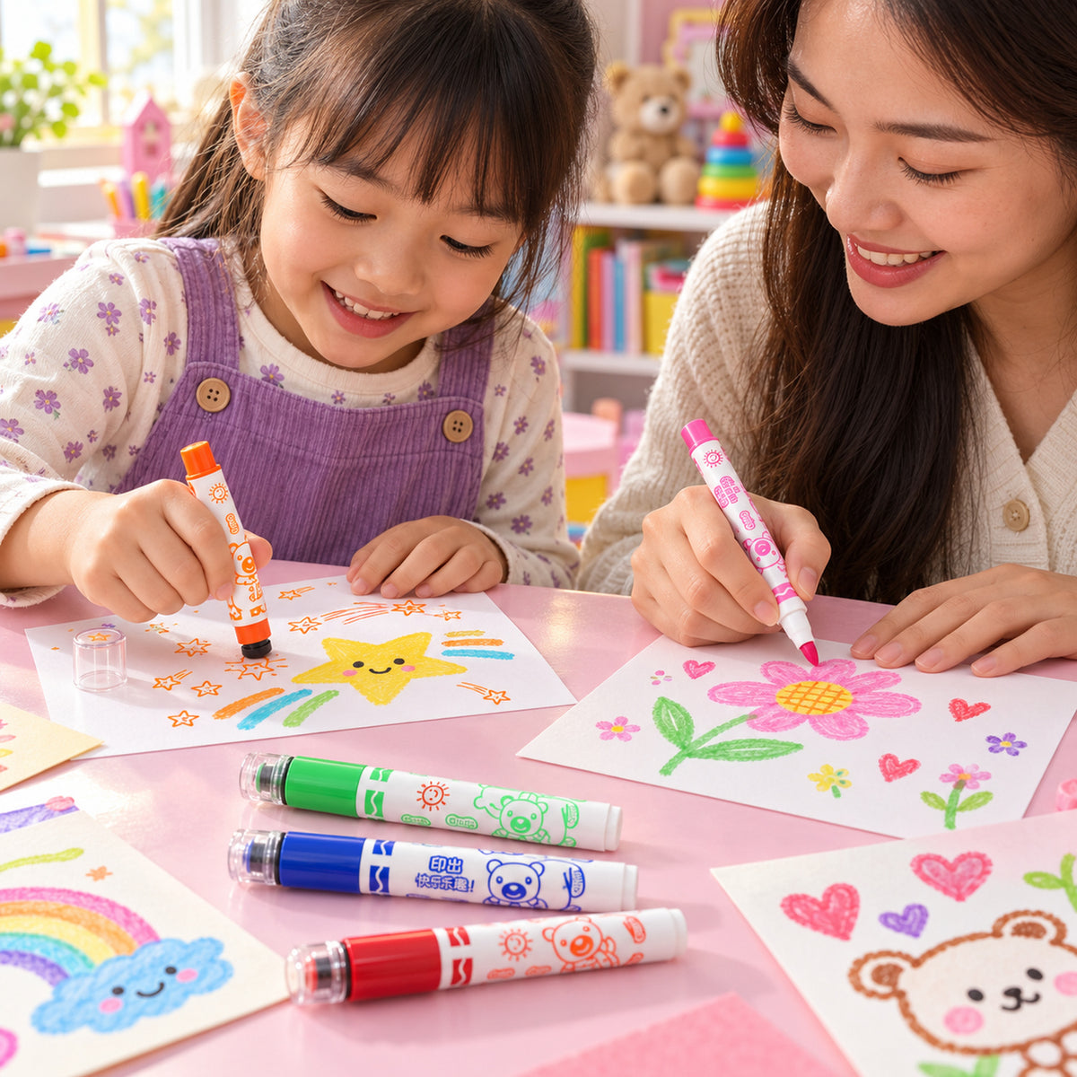 Dual End Colour Sketch Marker Pens with Stamp Designs and Case (24 Pc)