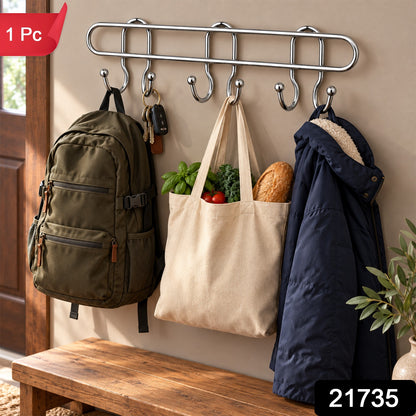 Stainless Steel 6 Hook Wall Hanger for Home, Towel and Cloth Hook Rail (1 Pc)