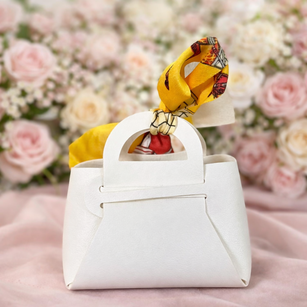 Mini White Handbag with Printed Scarf | Stylish Purse for Women