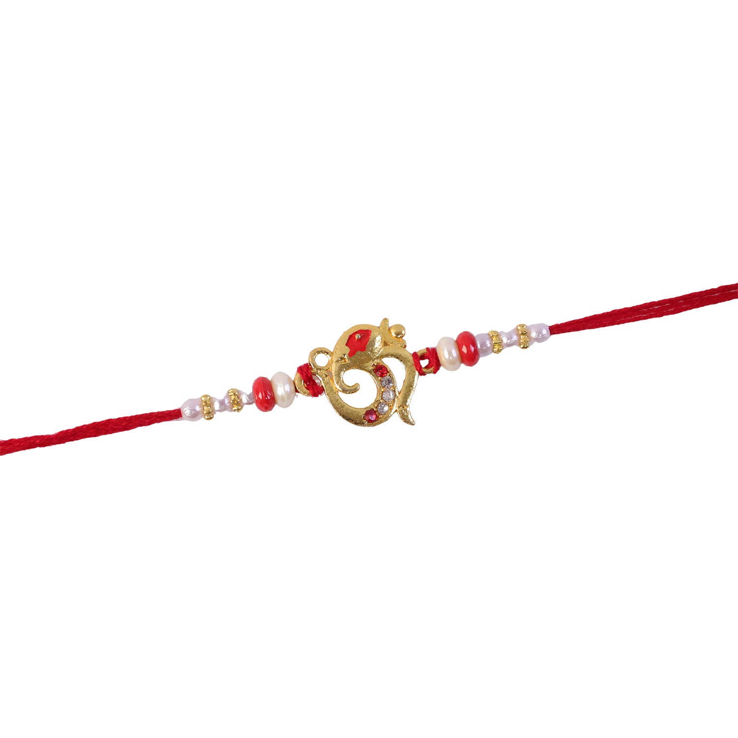 Golden Om Rakhi with Red Beads and Pearl Dotted Thread