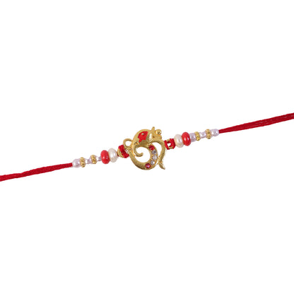 Golden Om Rakhi with Red Beads and Pearl Dotted Thread