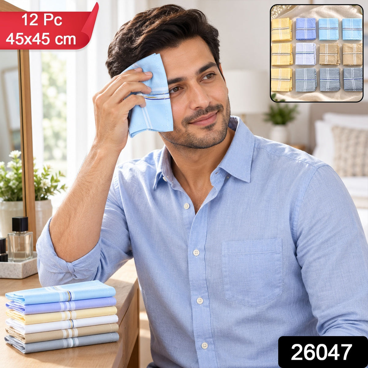 Man wiping his forehead with a blue striped cotton handkerchief, with a 12-piece set of 45 x 45 cm handkerchiefs shown.