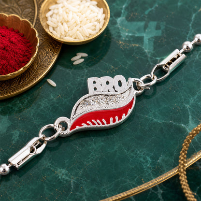Bro Leaf Crystal Studded Enamel Silver Chain Designer Rakhi