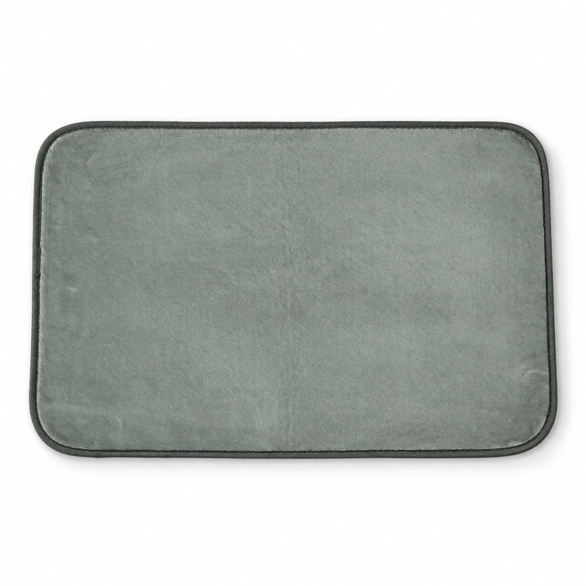 Top-down view of a plain rectangular gray floor mat with a dark border.