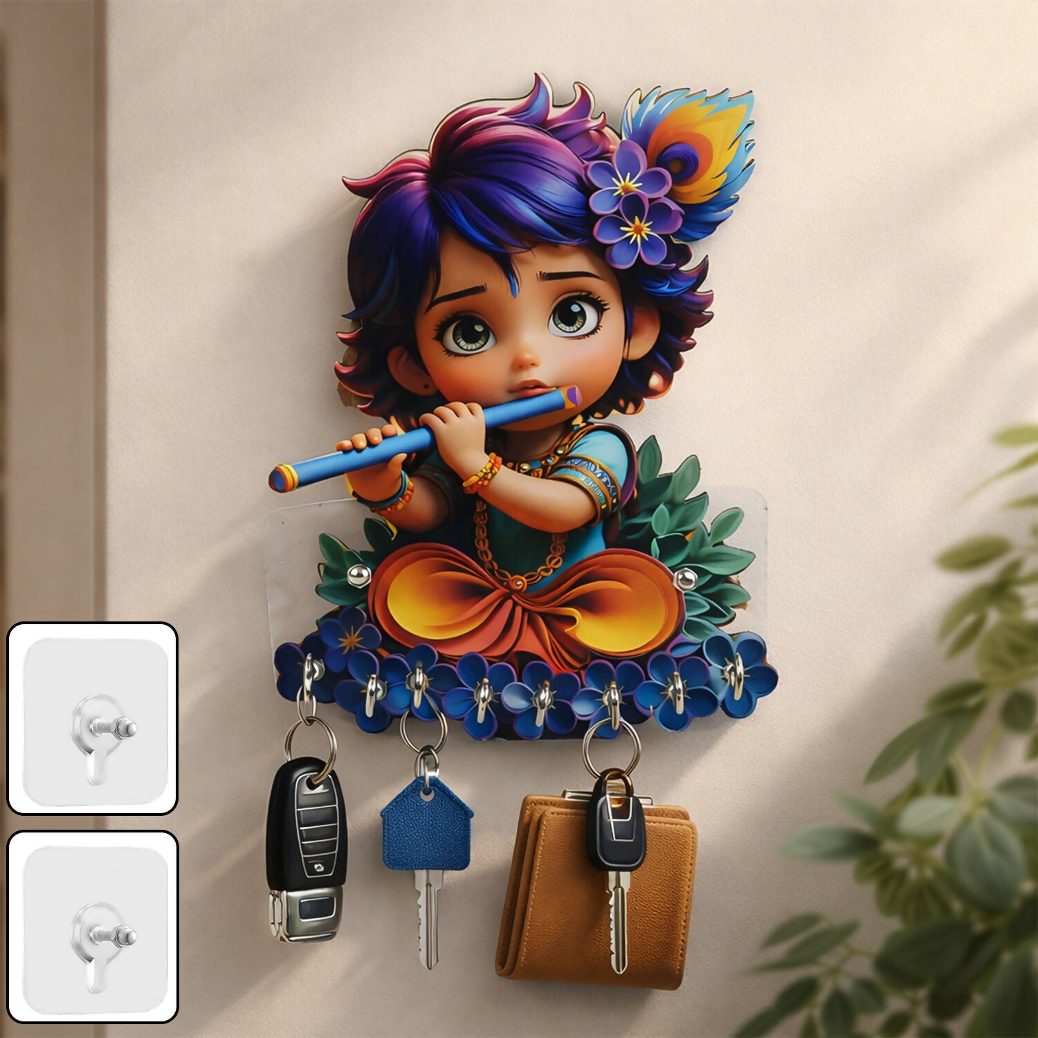 Krishna wooden key stand with 6 hooks wall-mounted organizer
