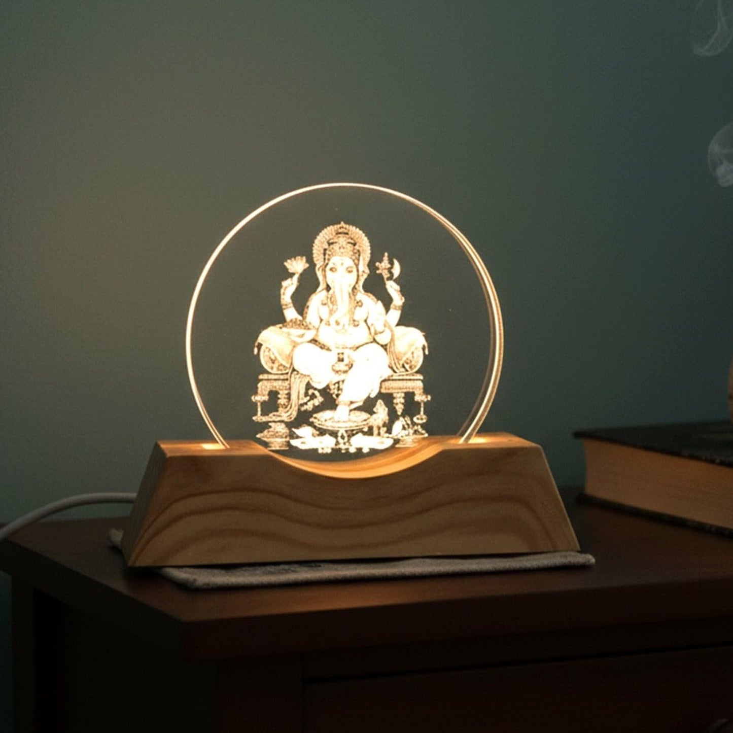 Front angle of Lord Ganesha acrylic LED table lamp