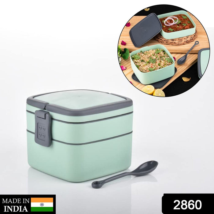 2860 GREEN DOUBLE-LAYER PORTABLE LUNCH BOX STACKABLE WITH CARRYING HANDLE AND SPOON LUNCH BOX , Bento Lunch Box