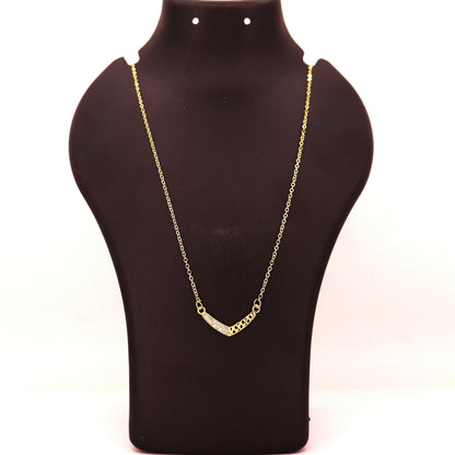 Model wearing gold plated V-shape necklace with pink-tinted pavé crystals