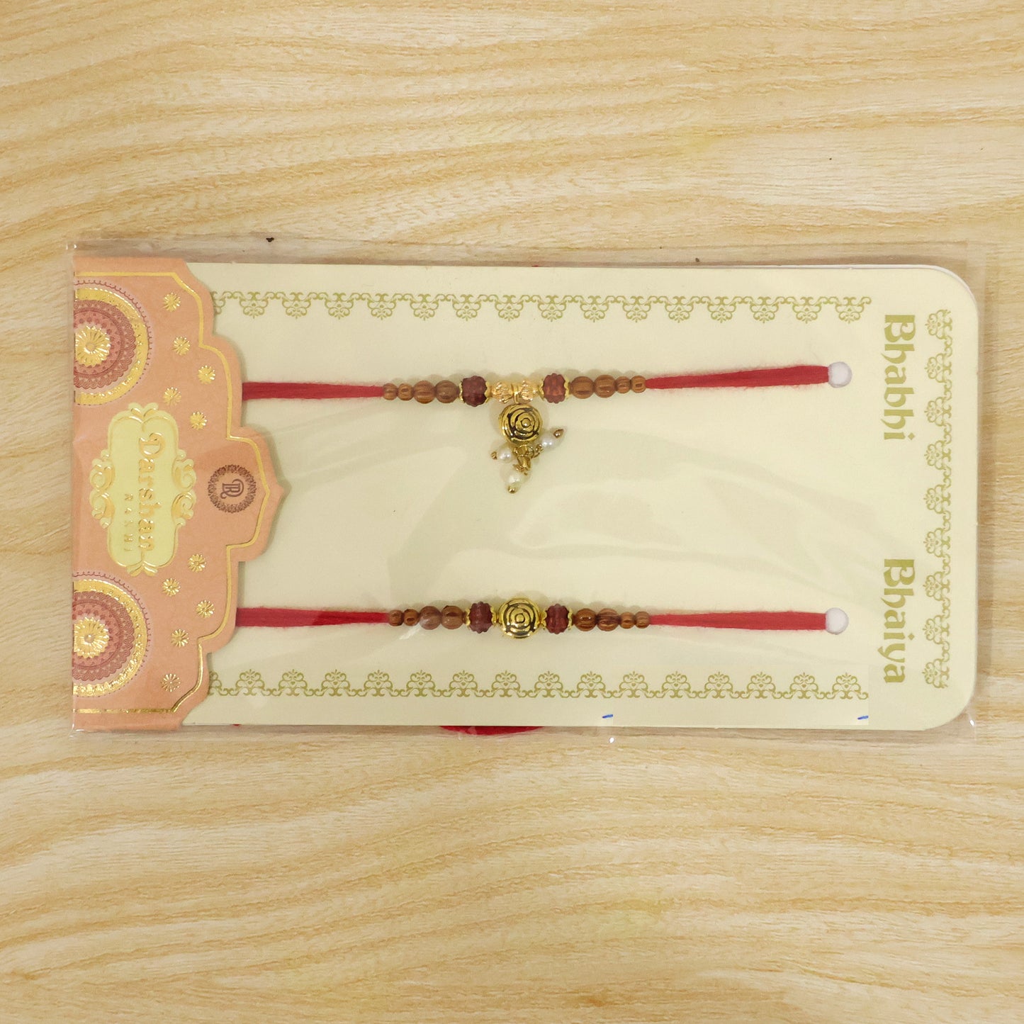 Amber Beaded Rose Couple Rakhi Set with Rudraksha Style Accents and Pearl Lumba Gift