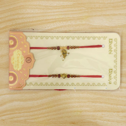 Amber Beaded Rose Couple Rakhi Set with Rudraksha Style Accents and Pearl Lumba Gift