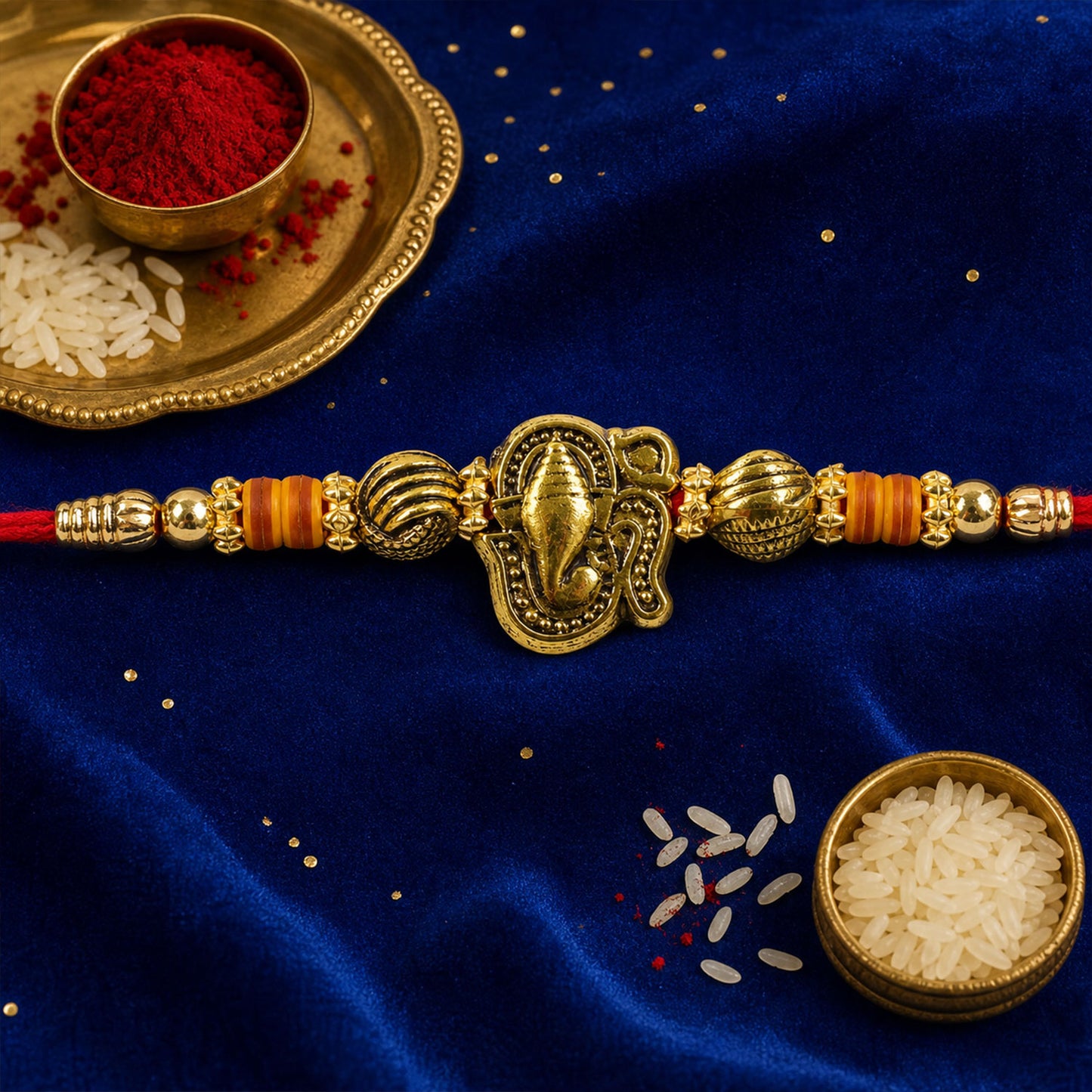 Red Thread Rakhi with Antique Gold Ganesha Pendant and Beaded Charms