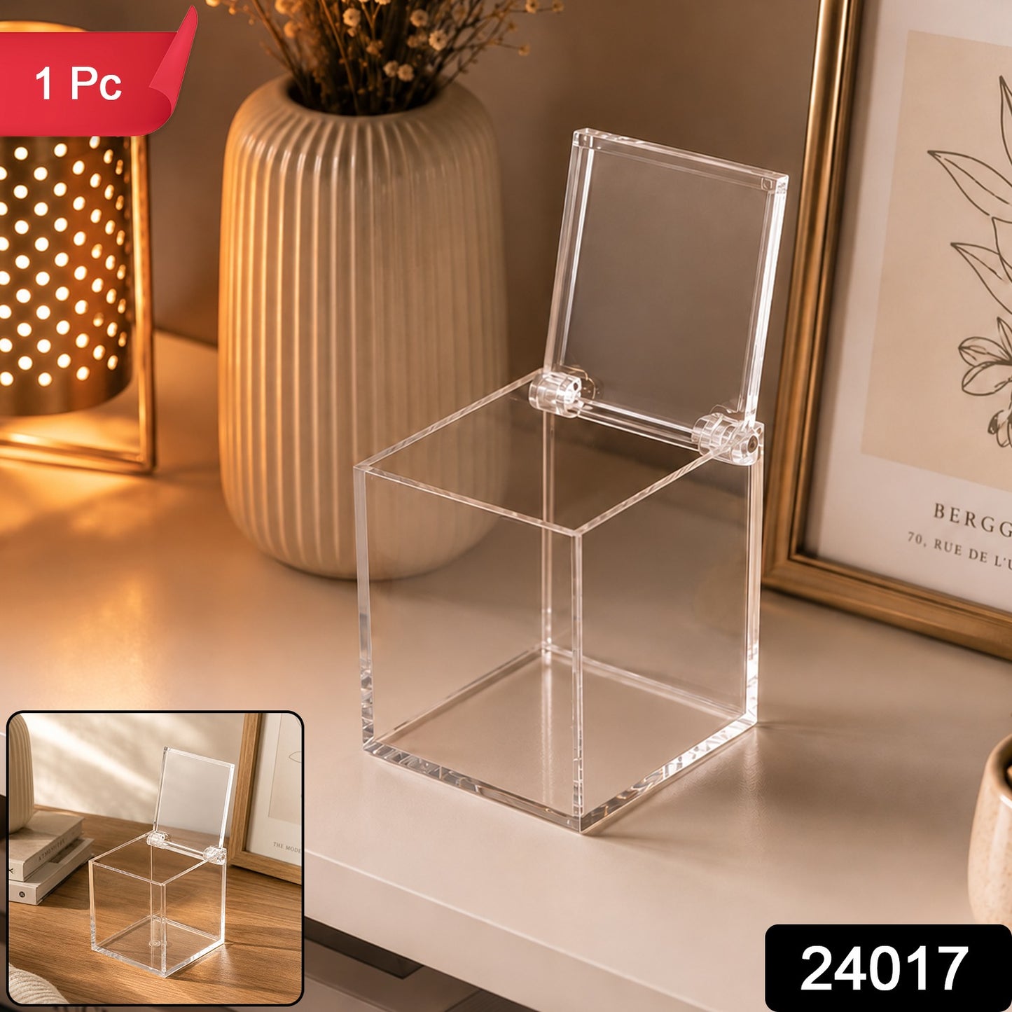 Transparent Plastic Storage Box with Hinged Lid for Desk and Vanity Use (1 Pc)