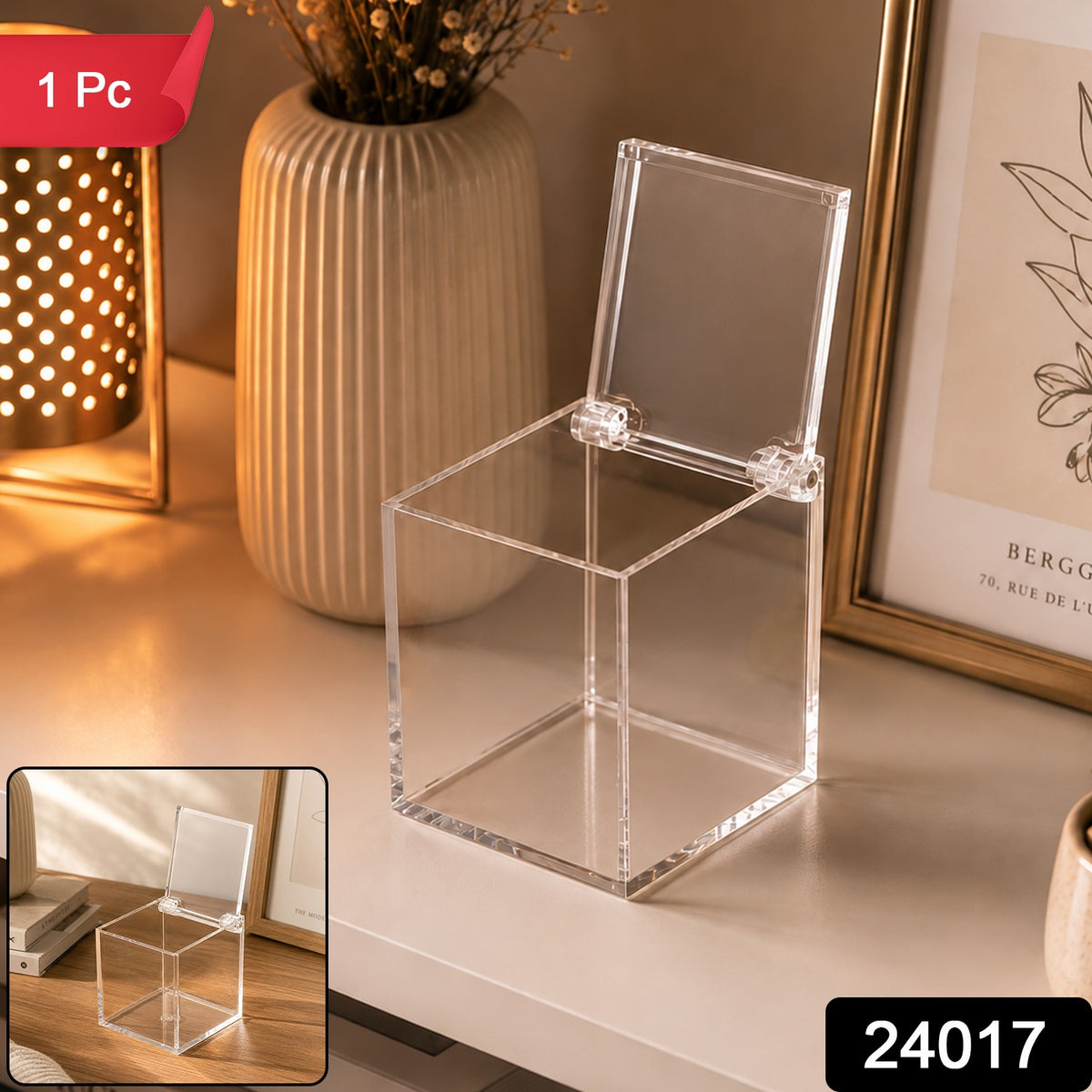 Transparent Plastic Storage Box with Hinged Lid for Desk and Vanity Use (1 Pc)