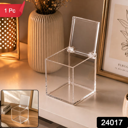 Transparent Plastic Storage Box with Hinged Lid for Desk and Vanity Use (1 Pc)