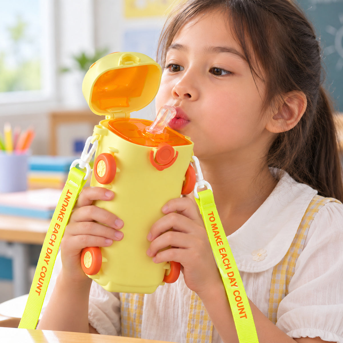 Bus Shape Water Bottle with Straw, Flip Lid and Shoulder Strap (1 Pc)