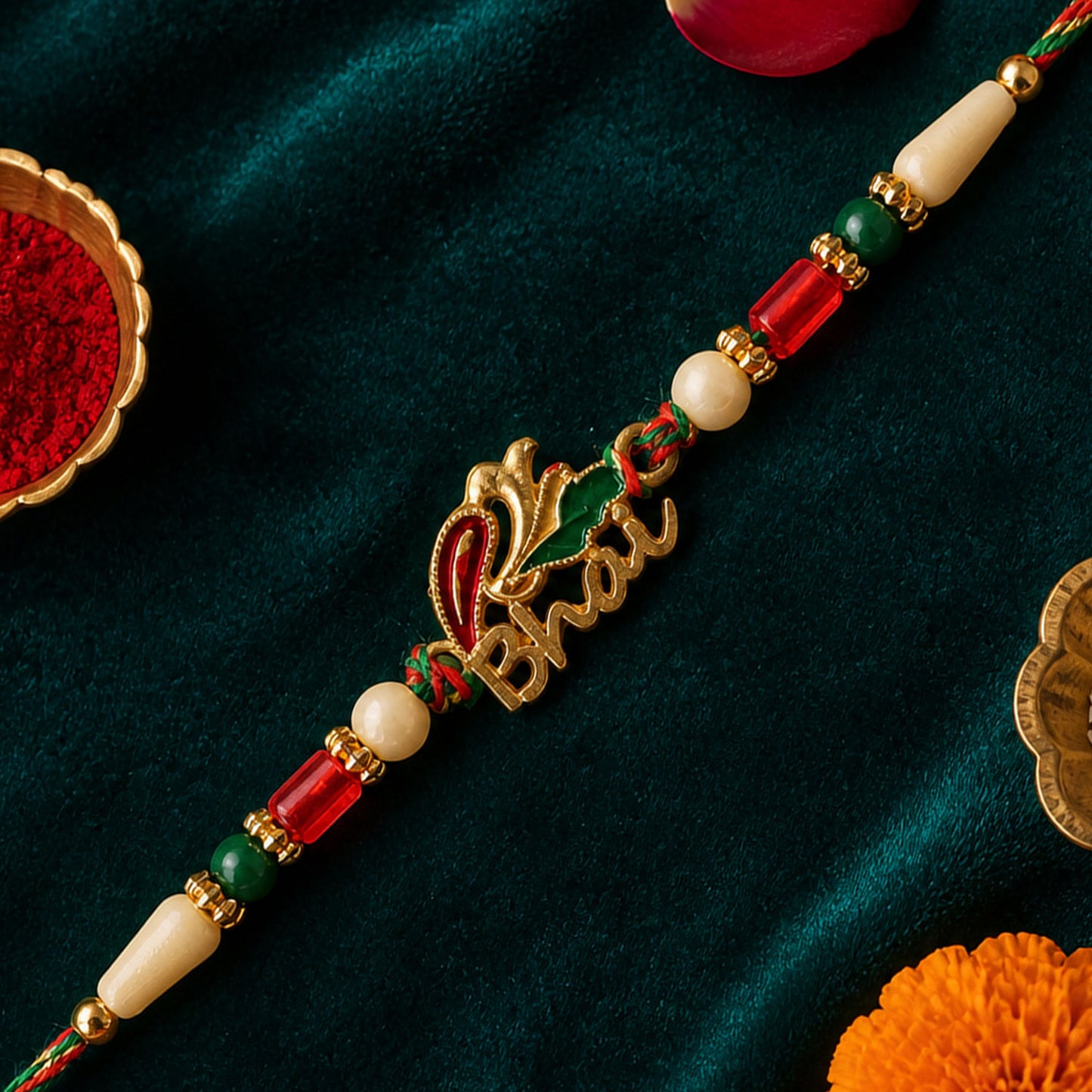 Bold Rakhi showcasing Devanagari Script Charm, bead line and plaque look for Gift Use