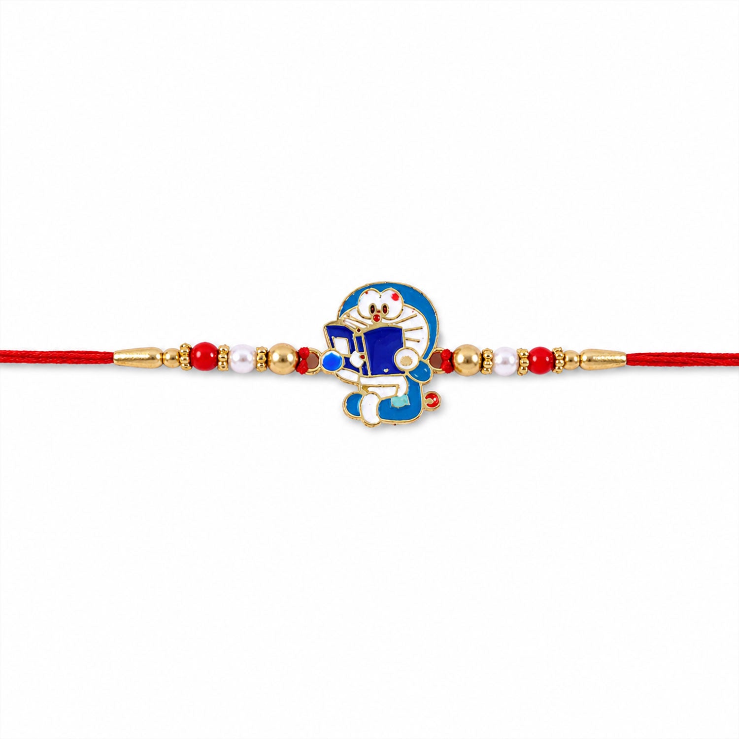 Doraemon Kids Rakhi with Red Gold Beads and Playful Blue Charm