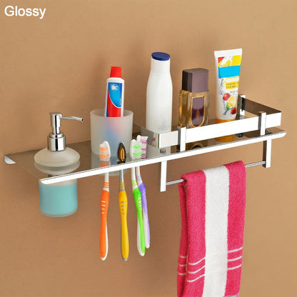 Stainless Steel Wall Mounted Bathroom Shelf with Soap Dispenser, Toothbrush Holder & Towel Rack