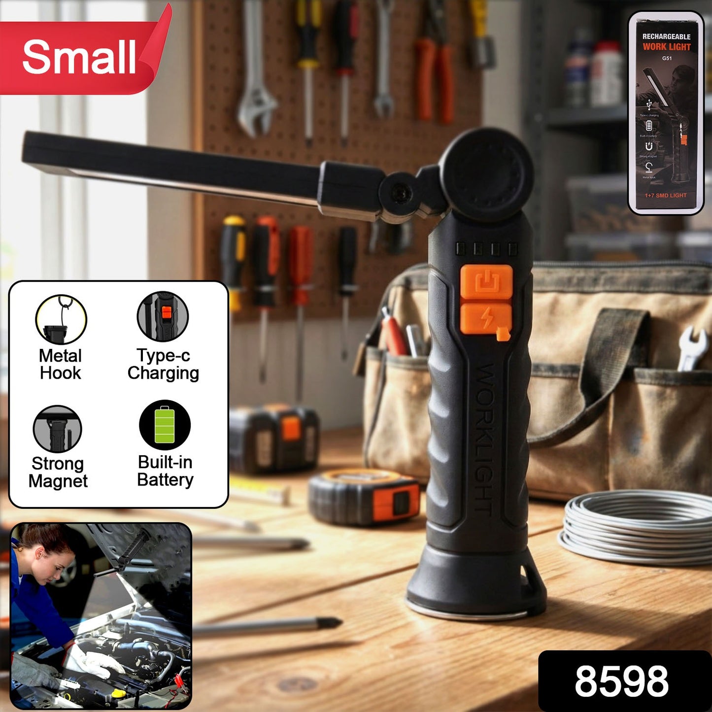 Compact Rechargeable Small LED Work Light with Adjustable Arm and Magnetic Base